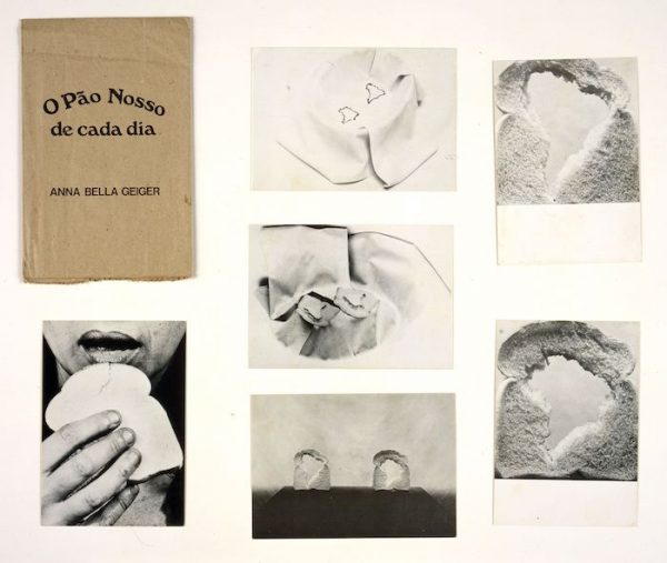 Anna Bella Geiger O pão nosso de cada dia [Our Daily Bread], 1978 Brown paper bag containing series of six black and white postcards 16 15/16 x 5 1/2 in. Blanton Museum of Art, The University of Texas at Austin, Gift of Shifra M. Goldman, 1999