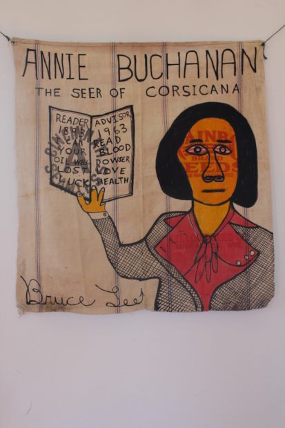 Annie Buchanan, the Seer of Corsicana, India ink and Higgins ink on Rainbo Seeds sack