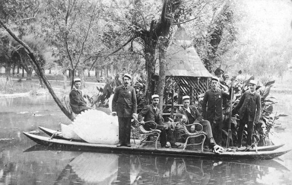 Members of the San Antonio Volunteer Fire Department on a swan boat in San Pedro Park, July 4, 1891. San Antonio Light Photograph Collection