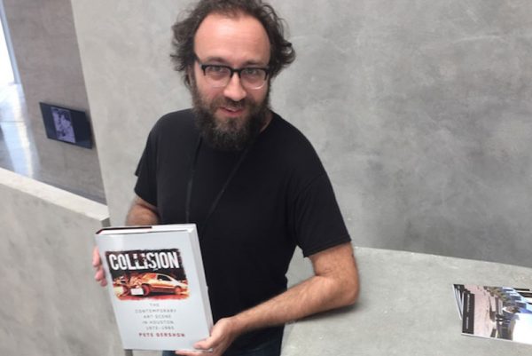 Pete Gershon with his Collision book about Contemporary art history in Houston Texas