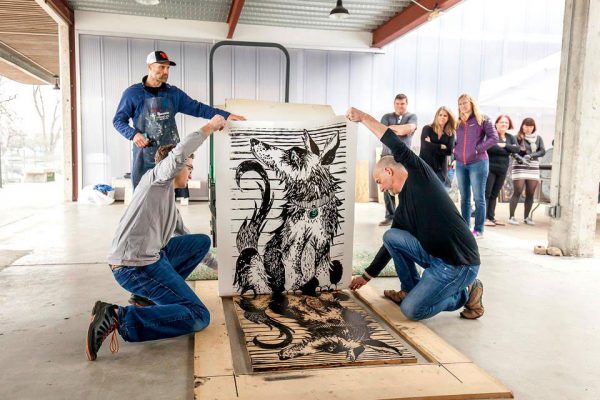 Steamroller print event for PrintAustin in Austin Texas