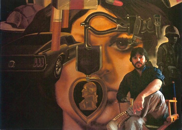 Treviño and his mural in 1984. Photo by Oscar Williams. 