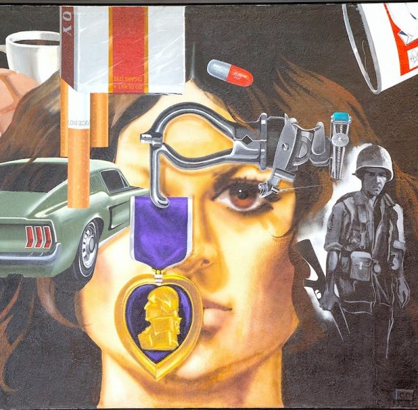 Jesse Treviño, Mi vida, detalle, 1971-72, acrílico sobre láminas de yeso, 243.8 x 426.7 cm, colección de Inez Cindy Gabriel. Imagen cortesía de la Ciudad de San Antonio.