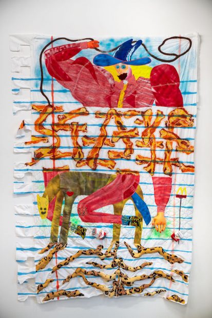 Alexis Mabry and Steef Crombach, Exquisite Cowboy, muslin, found fabric, spray paint, acrylic, thread, chicken wire, puff paint, beeswax, dye, Great Stuff, lacquer. 