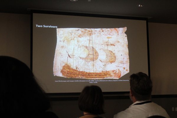Two French survivors from La Salle’s doomed landing at Matagorda Bay in the 1680s created this image of a European vessel on parchment. They wrote a note on the parchment, stating that they were Christians and hoped to rejoin civilization, passing the parchment on to Native Americans who then passed it to Spaniards.