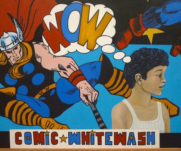 Mel Casas, Humanscape 70 (Comic Whitewash), (detail of Thor and Chicano boy with thought bubble)