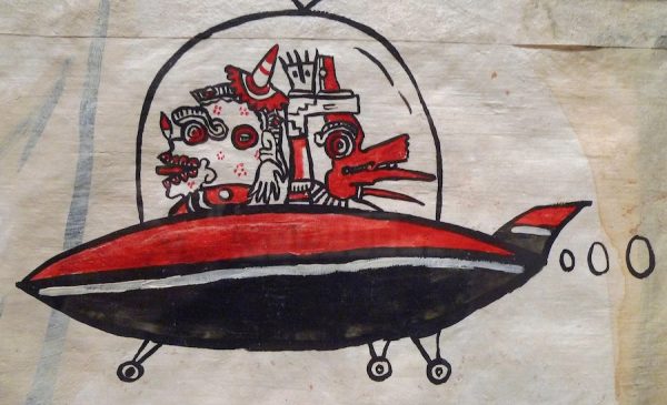 Enrique Chagoya, Crossing 1, detail of flying saucer