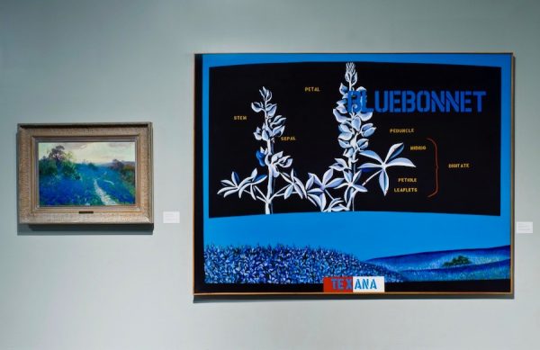Mel Casas' 1969 acrylic, Humanscape #57 (right), a scientifically pop take on the state's bluebonnet art, is neighbors with Julian Onderdonk's 1912 oil painting Bluebonnet Field (left).