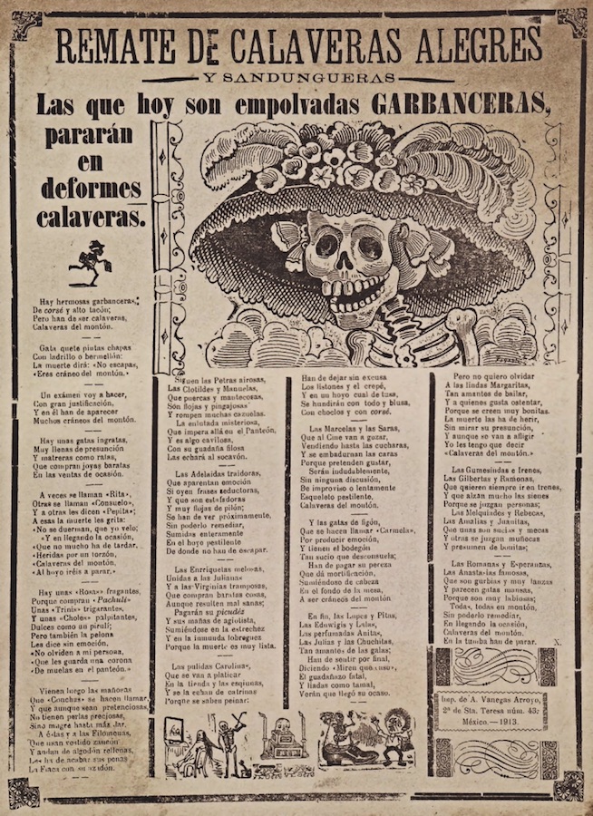 The original La Calavera Catrina is a 1910–1913 zinc etching by the Mexican printmaker, cartoon illustrator and lithographer José Guadalupe Posada