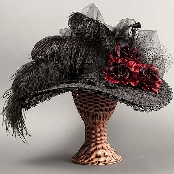 Women’s Hat with lace, silk flowers, and ostrich feathers. 