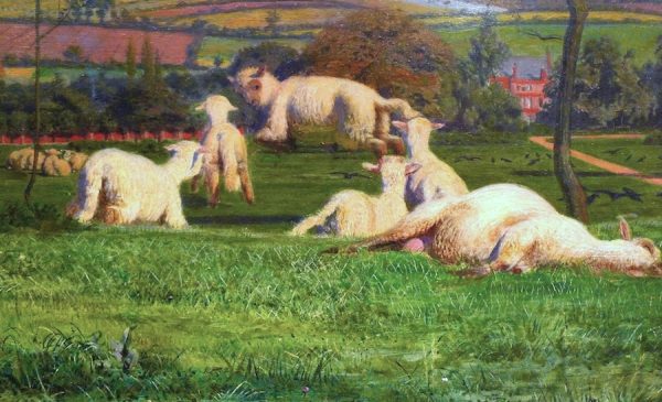 Ford Madox Brown, Pretty Baa-Lambs, 1851-59, oil on wood, detail of sheep