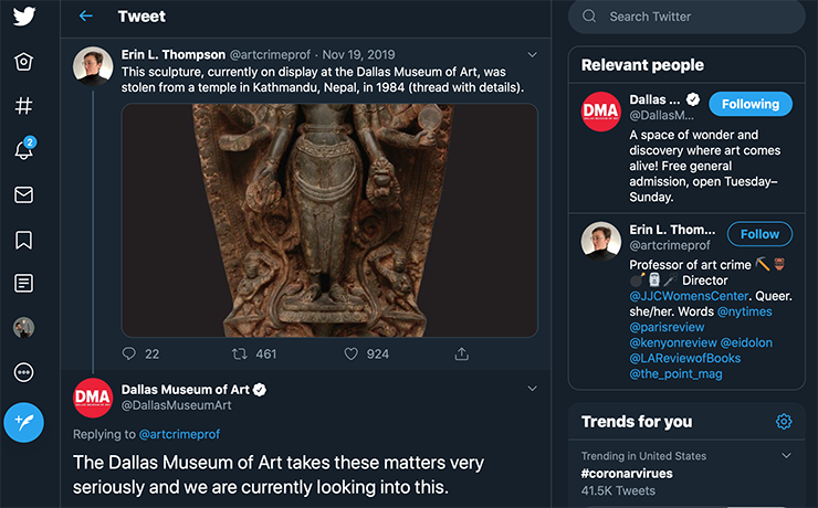 Screenshot of Erin L. Thompson's tweet about a sculpture listed as stolen, which appeared in a Dallas Museum of Art Exhibit.