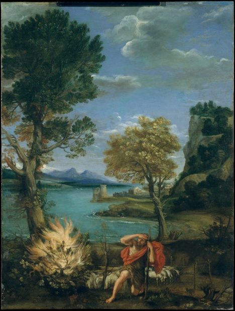 Domenichino (Domenico Zampieri) (Italian, Bologna 1581–1641 Naples), Landscape with Moses and the Burning Bush, c. 1610–16, oil on copper, 17 3/4 x 13 3/8 in. (45.1 x 34 cm), Gift of Mr. and Mrs. Charles Wrightsman, 1976.