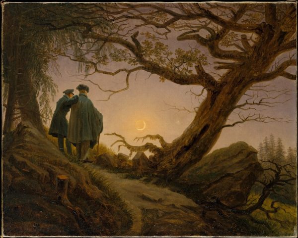 Caspar David Friedrich (German, Greifswald 1774–1840 Dresden). Two Men Contemplating the Moon, c. 1825-30. Oil on canvas, 13 3/4 x 17 1/4 in. (34.9 x 43.8 cm). The Metropolitan Museum of Art, New York, Wrightsman Fund, 2000.