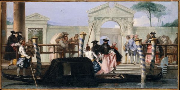 Giovanni Domenico Tiepolo (Italian, Venice 1727–1804 Venice). The Departure of the Gondola, c. mid-1760s. Oil on canvas, 14 1/8 × 28 3/4 in. (35.9 × 73 cm). The Metropolitan Museum of Art, New York, Bequest of Mrs. Charles Wrightsman, 2019.