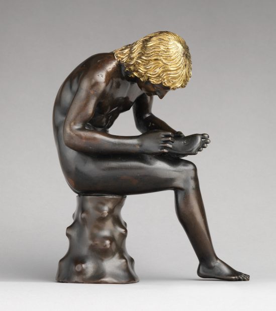 Antico (Pier Jacopo Alari Bonacolsi) (Italian, ca. 1460–1528). Spinario (Boy Pulling a Thorn from His Foot, probably modeled by 1496, cast c. 1501. Italian, Mantua. Bronze, partially gilt (hair) and silvered (eyes), H. 7 3/4 in. (19.7 cm), W. of base 2 15/16 in. (7.5 cm). The Metropolitan Museum of Art, New York, Gift of Mrs. Charles Wrightsman, 2012.