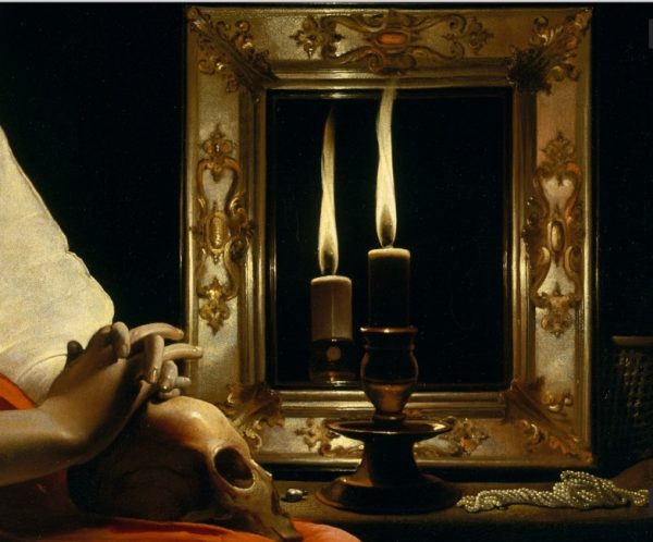 Georges de La Tour (French, 1593–1653). The Penitent Magdalen, detail with mirror and skull. 