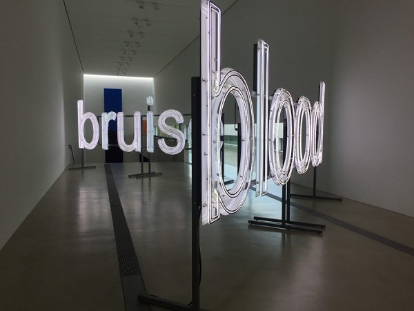 Glenn-Ligon-“blues,” “bruise,” and “blood.” The work by Glenn Ligon was inspired by a description of police brutality and wrongful conviction