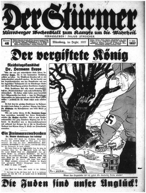 “When the Vermin are dead, the German Oak will again flourish,” cartoon signed Ru-pens on the front page of the Nazi newspaper Der Stürmer, December 5, 1927.