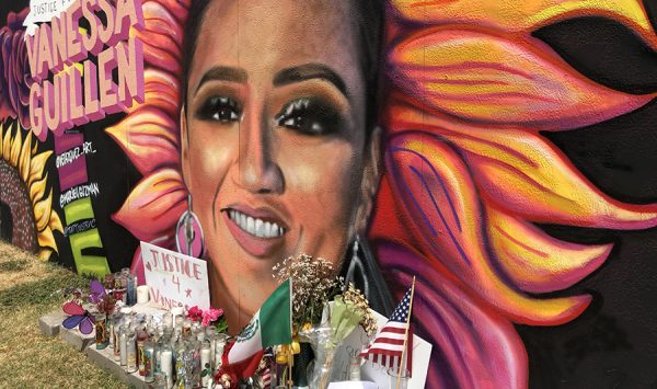 Detail of mural of Army Spc. Vanessa Guillen by Juan Valesquez, on Belknap Street at the edge of downtown Fort Worth