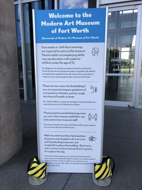 Safety protocol sign at the entrance to the Modern Art Museum of Fort Worth, July 24, 2020