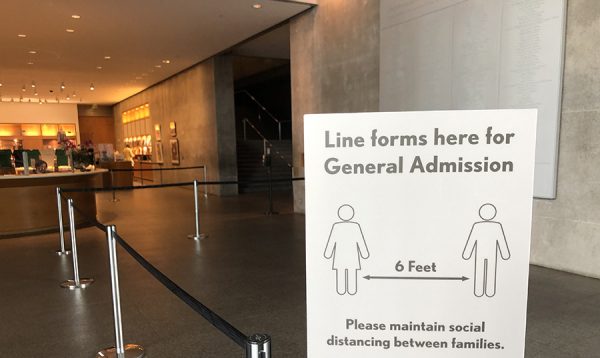 Social distancing sign at the entrance to the Modern Art Museum of Fort Worth, July 24, 2020