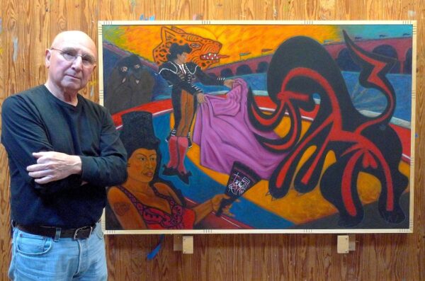 Cesar Martínez in his studio with Toreando El Toro de Picasso with La Malinche, Como “Carmen,” Watching ("Messing with Picasso’s Bull with La Malinche, as 'Carmen,' Watching"), 1988