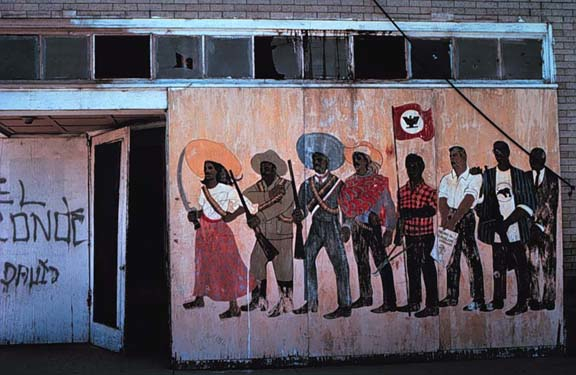 Antonio Bernal, Del Rey Mural, 1968, house paint on wood, El Teatro Campesino office wall