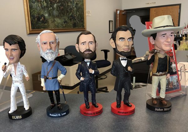 Elvis, Lee, Grant, Lincoln, and Wayne, at the front counter of the Texas Civil War Museum, White Settlement, TX.