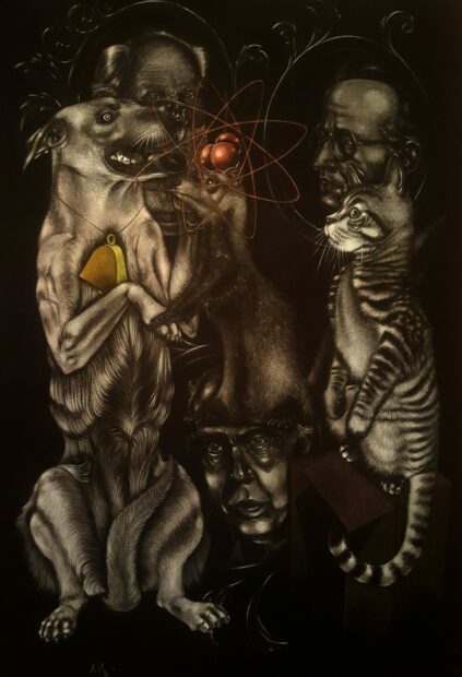 Schrodinger's Cat, Pavlov's Dog, and Bohr's Weasel. Alvaro Perez, Colo pencil 44 x 30, 2017