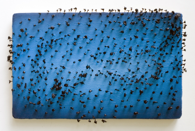 Julon Pinkston, "Grackles in Flight on an Alabama Night, 2014" Acrylic paint and nails on canvas mounted on wood panel,16 × 25 × 2 in 40.6 × 63.5 × 5.1 cm