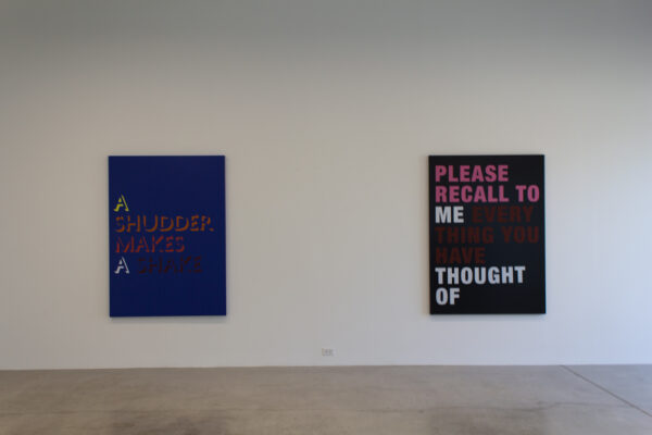 Eve Fowler, "A Shudder Makes A Shake", and "Please Recall to Me Everything You Have Thought Of" (left to right), both acrylic polyurethane on aluminum, at 12.26 in Dallas
