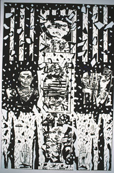 Patssi-Valdez,-Scattered,-Self-Help-Graphics,-Los-Angeles,-CA,-1987,-Collaged-self-portrait,-Kodalith-transfer-Screen-Print,-36-x-24',-Edition-of-54