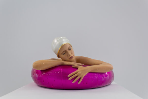 Carole A. Feuerman, Miniature Serena w/ Pearled Gold Rim Cap and Candy Pink Tube, Oil on Resin, on view at Markowicz Fine Art