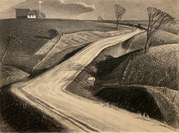 Grant Wood March drawing country road