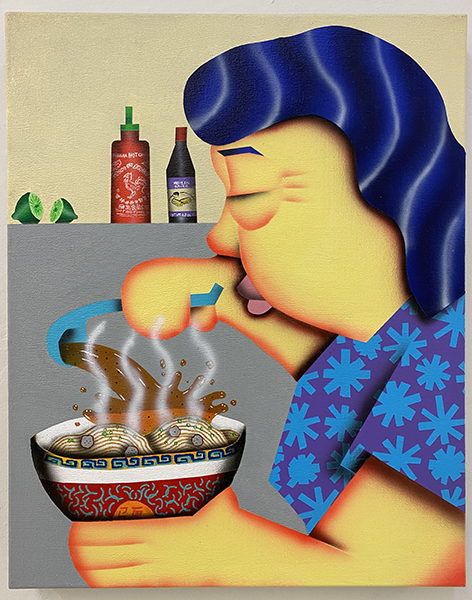 Loc Huynh, Mom Making Pho, 2021, Acrylic on Linen, 20x16”, courtesy of Joey Luong
