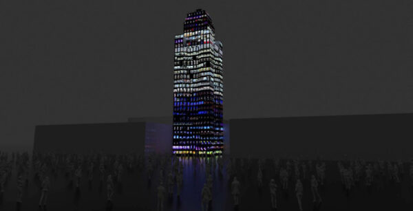 Rendering of Refik Anadol's video installation "Pioneer Tower Dreams."