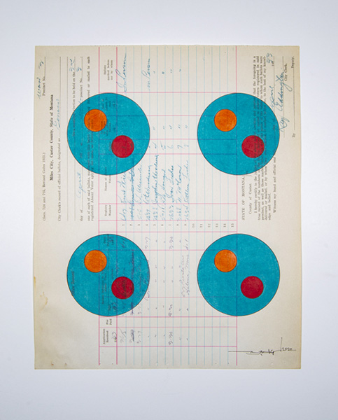 Terran Last Gun, "Charged Environment, 2020, Ink and colored pencil on antique paper (dated 1934),"