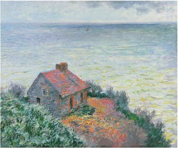 Painting of a cabin and seascape by artist Claude Monet