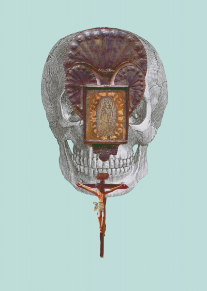 A digital collage artwork depicting a human skull rendered in black and white with a framed image of the Virgin of Guadalupe layered atop the nose and eyes. An image of Jesus on a crucifix is layered on top of the skull's chin. The collage is set over a light blue background. Artwork by Ann Harithas.
