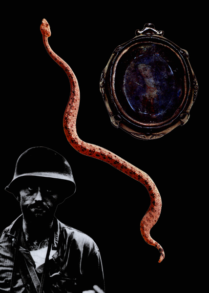A digital collage artwork. In the lower left corner is a black and white photograph of a figure wearing a helmet, button-up shirt, and with a strap around his neck. In the upper right corner is a darkened circular framed image of the Virgin Mary with her face tilted down towards the figure in the lower left corner. Diagonally, between these two images is a cutout photograph of a red snake. These three images are set against a black background. Artwork by Ann Harithas.