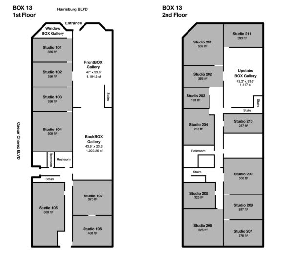 Floor plan diagram of studio spaces at Box13 Artspace. 