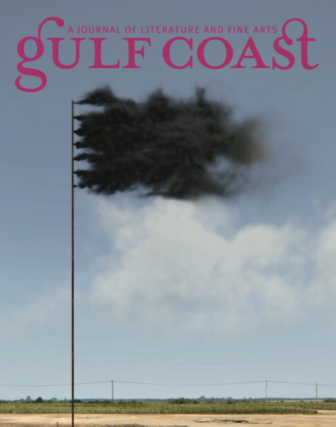 A cover for an issue of Gulf Coast Journal Magazine. The photograph on the front depicts a flag made out of black smoke