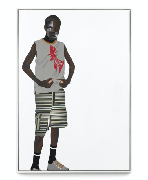 Large-scale collage of a young Black boy looking straight ahead. The figure wears neutral colors though the cut-off shirt has an abstracted image of a red rooster and the knee length cargo shorts have a horizontal stripe pattern. The figure is set agains a plain white background.