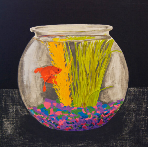 Painting of a fish bowl, featuring an orange fish, colored rocks, and water plants, all against a black background