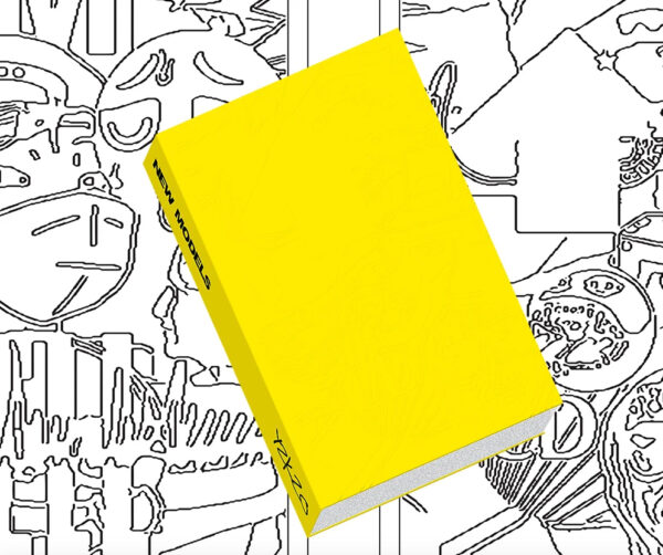 A photograph of a yellow bookcover on a black and white background.