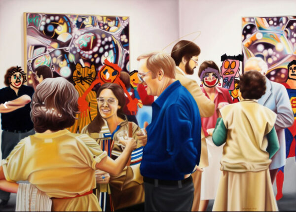 A hyper realistic painting of people at an art opening. There is artwork on the walls, people are talking, and there are a number of crudely drawn characters in the space. 