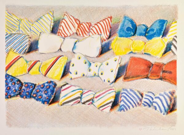 A drawing of a table of colorful bowties by artist Wayne Thiebaud