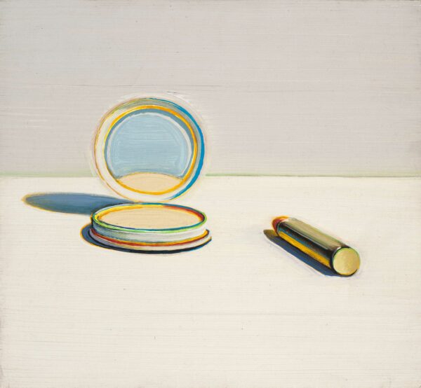 a painting of a tube of lipstick and a compact mirror sitting on a table. The painting is by artist Wayne Thiebaud