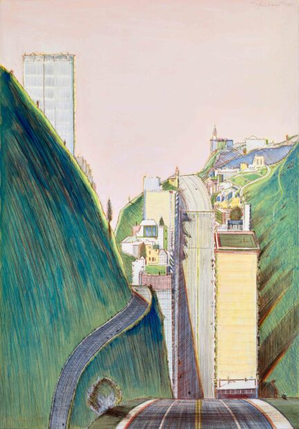 Landscape artwork by artist Wayne Thiebaud. The scene is a hilly streetscape, likely of San Fransisco